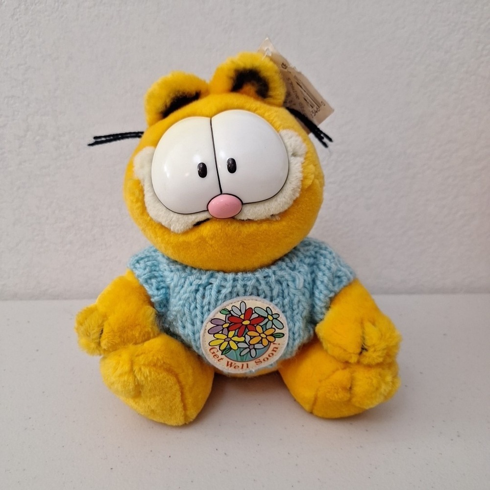 RARE Vintage 1981 PAWS‎ Garfield Cat "Get Well Soon" Knit Sweater Plush 8" NWT